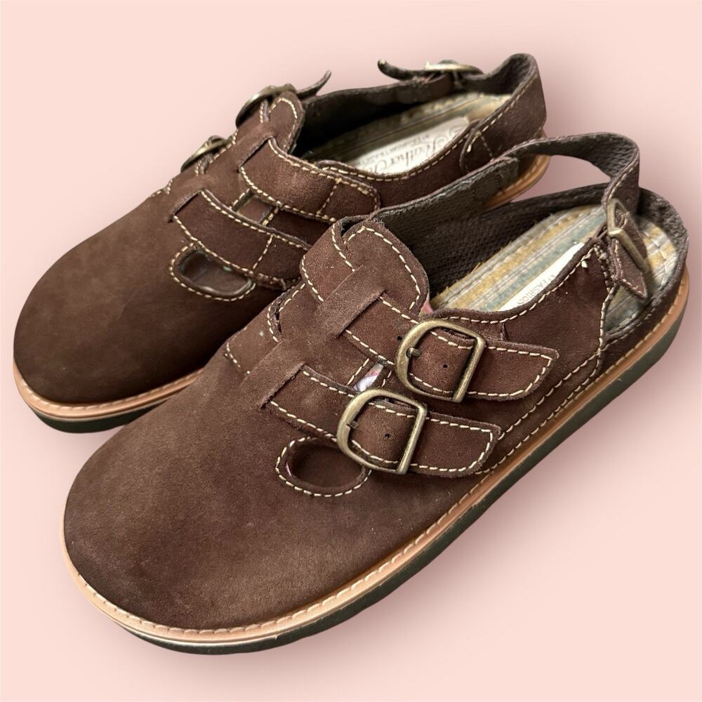 Vtg Y2K Mary Jane Comfort Shoes Leather Suede Double Buckle Size 10 Brown Loafer